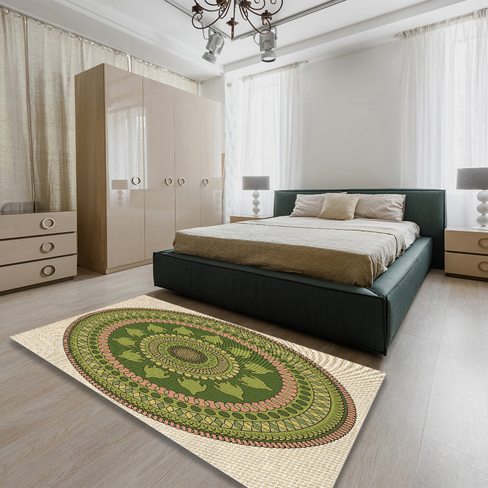 Patterned Ginger Brown Green Rug in a Bedroom, pat1881brn