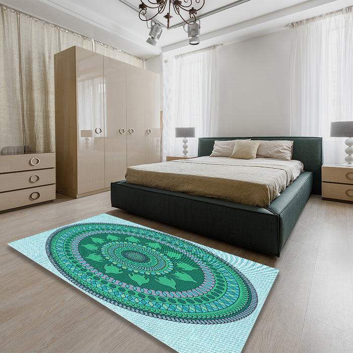 Patterned Turquoise Green Rug in a Bedroom, pat1881lblu