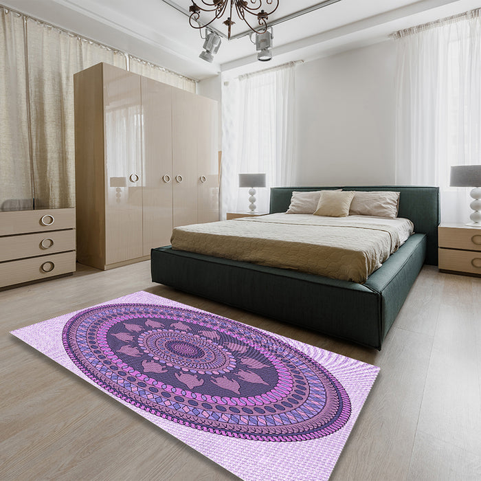Round Machine Washable Transitional Bright Lilac Purple Rug in a Office, wshpat1881pur