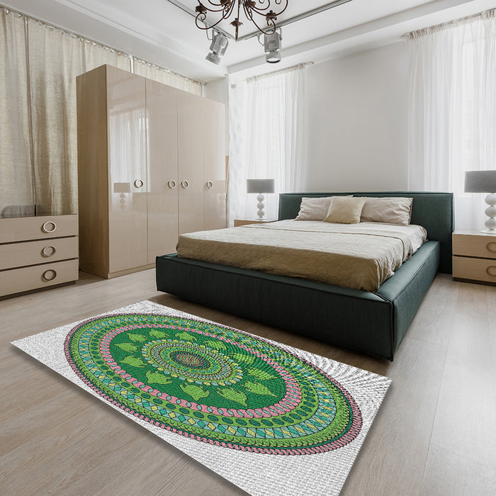 Patterned Light Green Novelty Rug in a Bedroom, pat1881