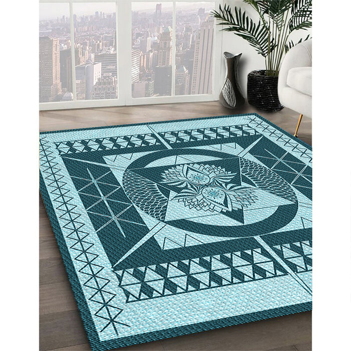 Patterned Medium Teal Green Rug in Family Room, pat1882lblu