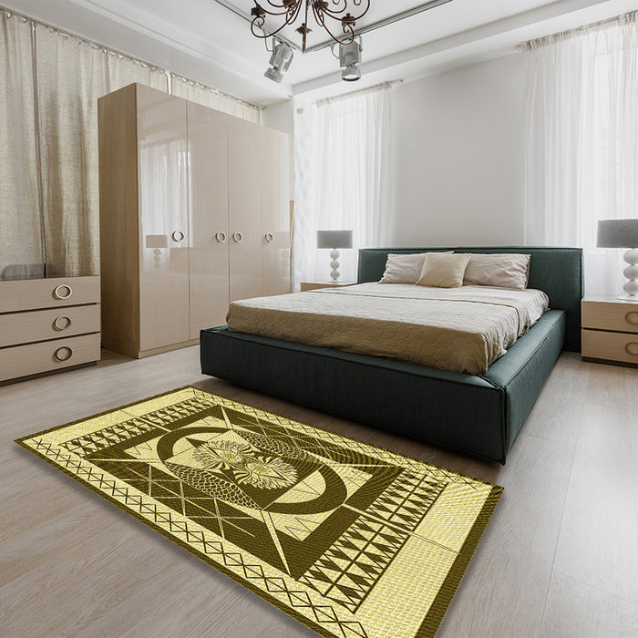 Patterned Chrome Gold Yellow Rug in a Bedroom, pat1882yw