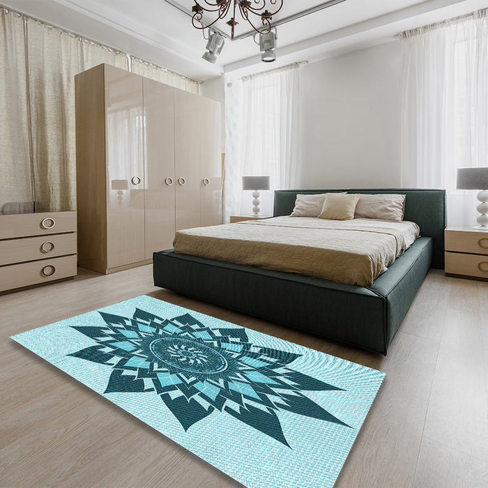 Patterned Dark Cyan Green Rug in a Bedroom, pat1884lblu