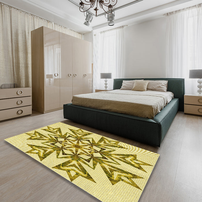 Patterned Dark Golden Brown Rug in a Bedroom, pat1885yw