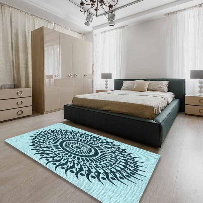 Round Machine Washable Transitional Electric Blue Rug in a Office, wshpat1886lblu