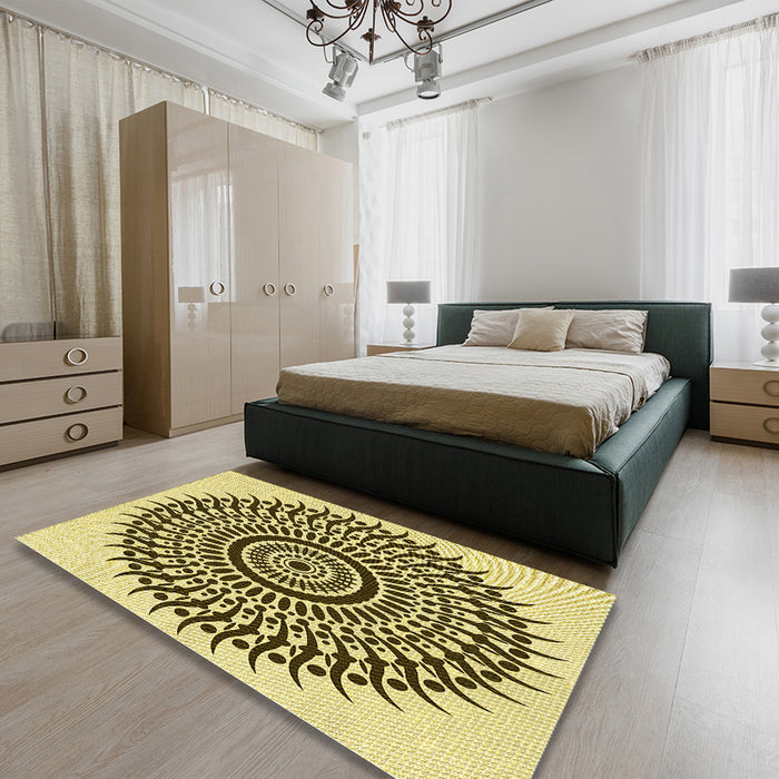 Patterned Dark Bronze Brown Rug in a Bedroom, pat1886yw