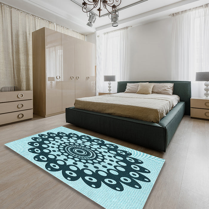 Round Machine Washable Transitional Medium Teal Green Rug in a Office, wshpat1887lblu