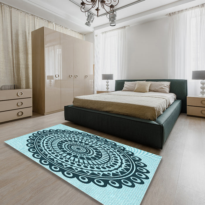 Patterned Medium Teal Green Rug in a Bedroom, pat1888lblu