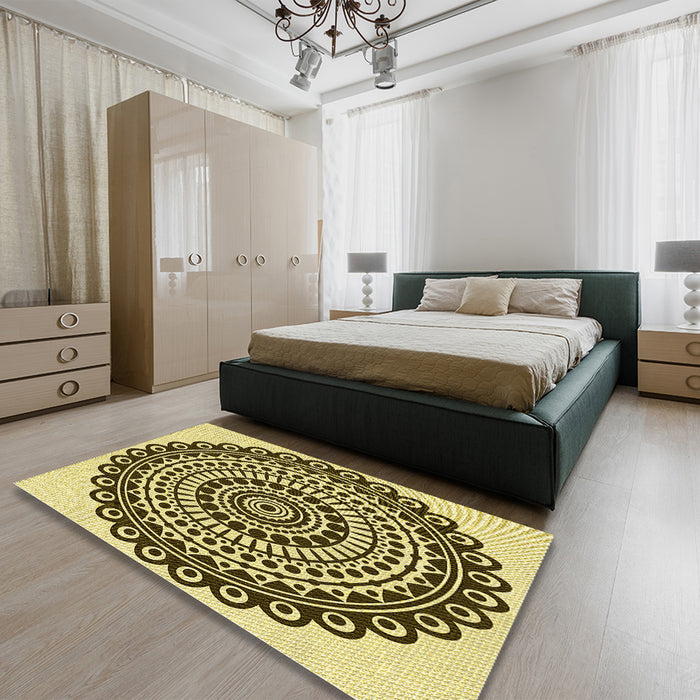 Round Machine Washable Transitional Mustard Yellow Rug in a Office, wshpat1888yw