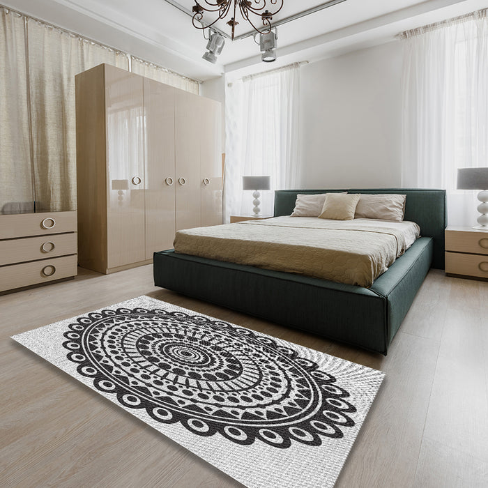 Patterned Platinum Gray Novelty Rug in a Bedroom, pat1888