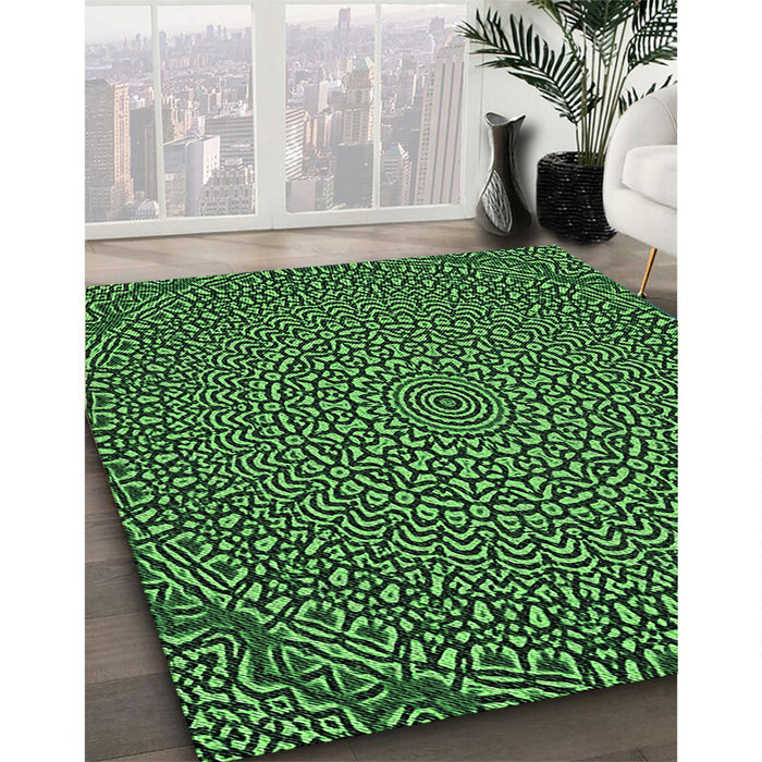 Patterned Dark Forest Green Rug in Family Room, pat1889grn