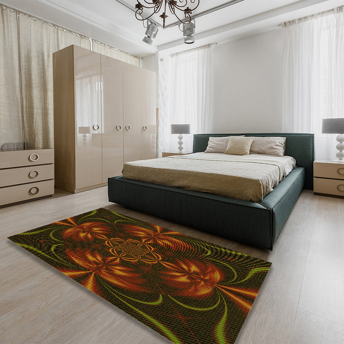 Patterned Dark Bronze Brown Rug in a Bedroom, pat189yw