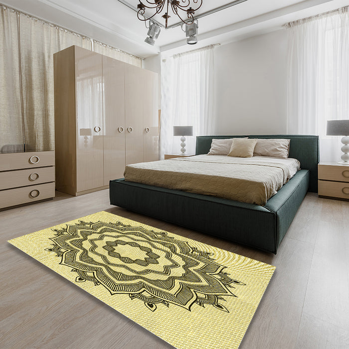 Round Machine Washable Transitional Mustard Yellow Rug in a Office, wshpat1890yw