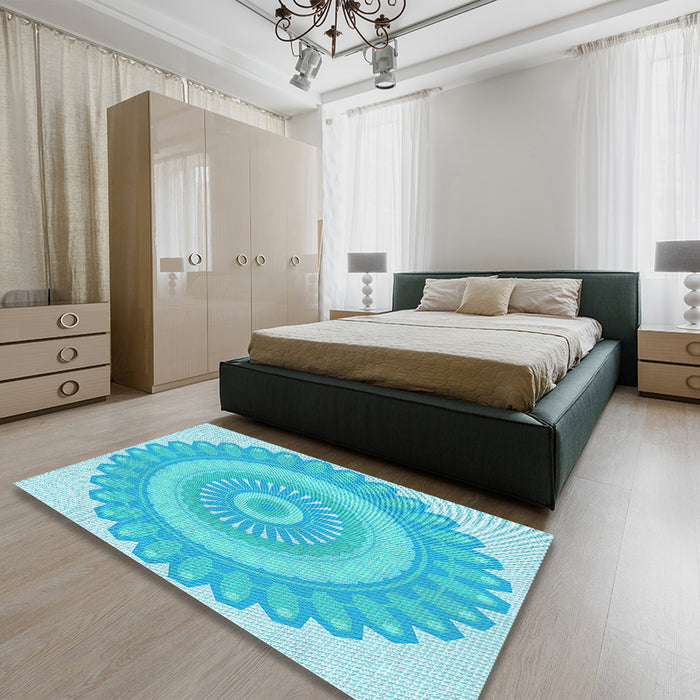 Round Machine Washable Transitional Bright Turquoise Blue Rug in a Office, wshpat1891lblu