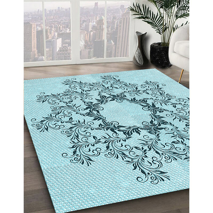 Patterned Electric Blue Rug in Family Room, pat1892lblu