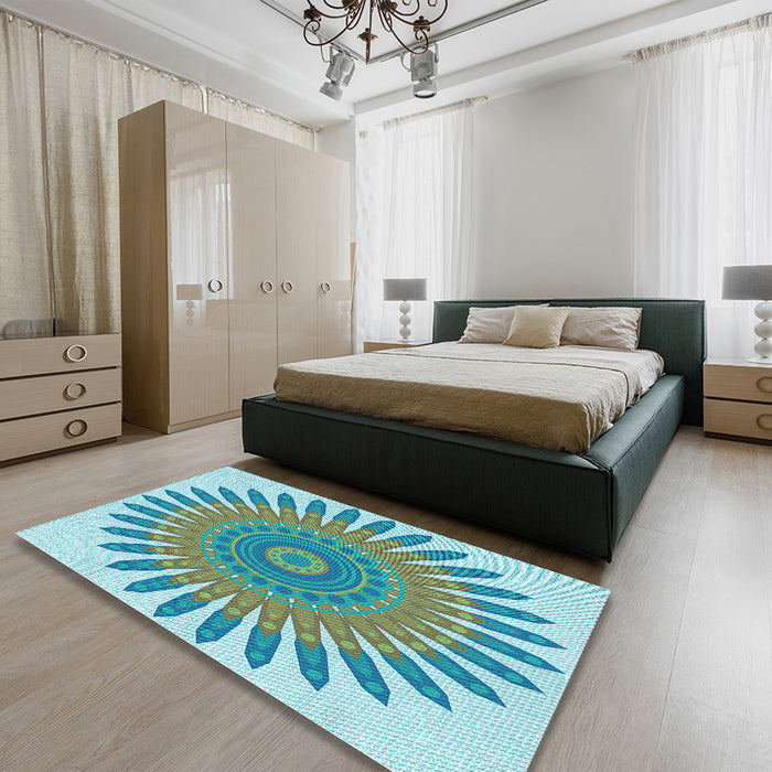 Patterned Deep-Sea Green Rug in a Bedroom, pat1893lblu