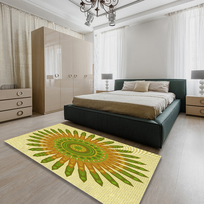 Patterned Dark Golden Brown Rug in a Bedroom, pat1893yw