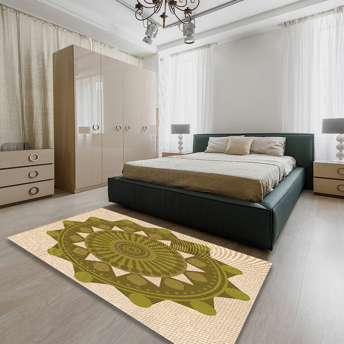 Patterned Dark Yellow Green Rug in a Bedroom, pat1895org