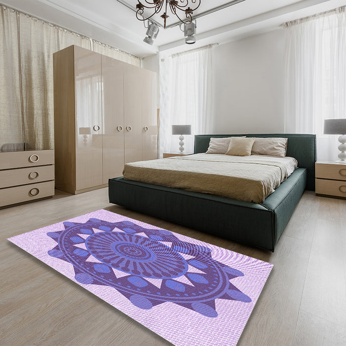 Patterned Slate Blue Rug in a Bedroom, pat1895pur