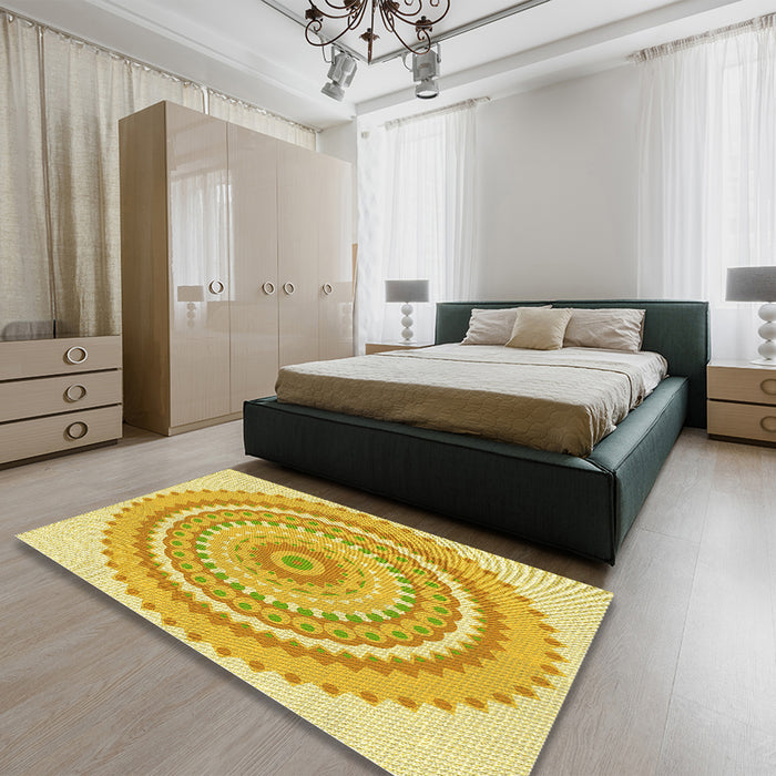 Round Machine Washable Transitional Bold Yellow Rug in a Office, wshpat1899yw