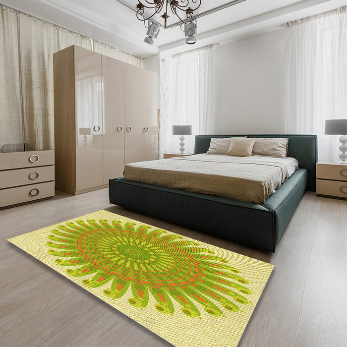 Patterned Bold Yellow Rug in a Bedroom, pat1900yw