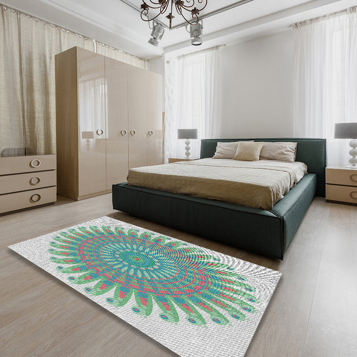 Patterned Grayish Turquoise Green Novelty Rug in a Bedroom, pat1900