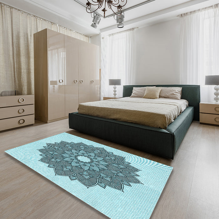 Round Machine Washable Transitional Deep-Sea Green Rug in a Office, wshpat1902lblu