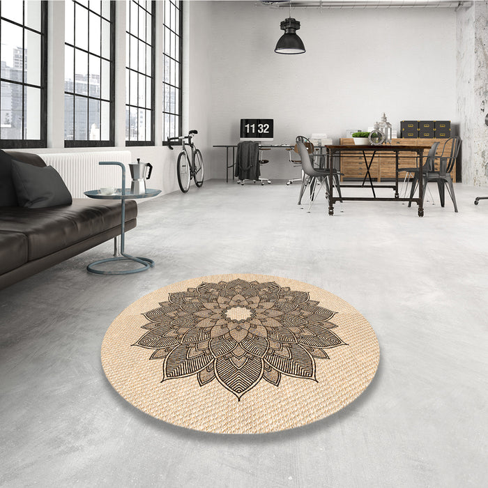 Round Patterned Dark Gold Brown Rug in a Office, pat1902org