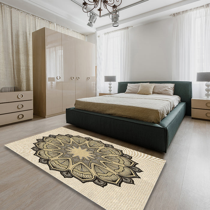 Patterned Khaki Gold Rug in a Bedroom, pat1903brn