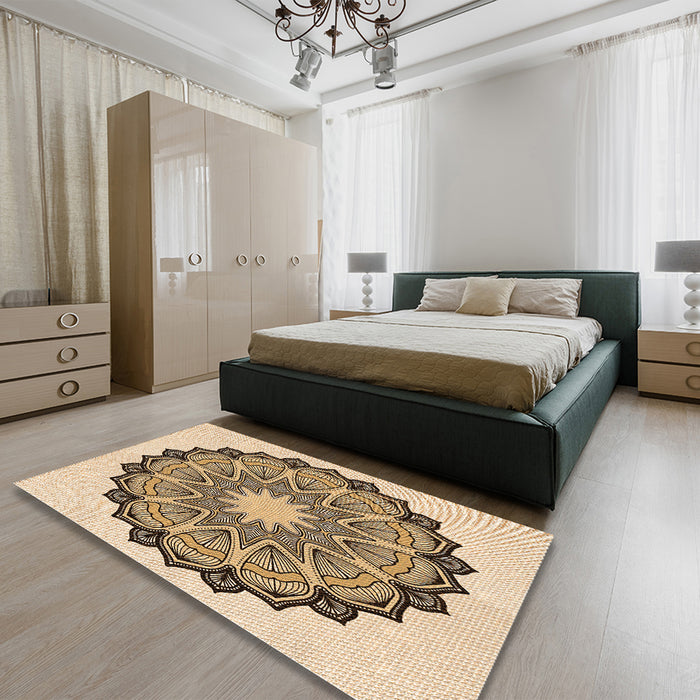 Patterned Khaki Gold Rug in a Bedroom, pat1903org