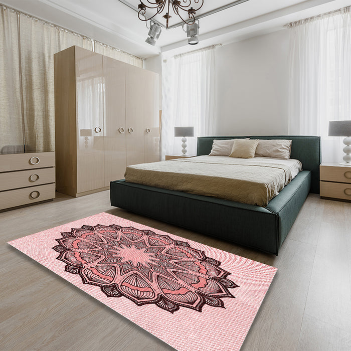 Round Machine Washable Transitional Pink Rug in a Office, wshpat1903rd