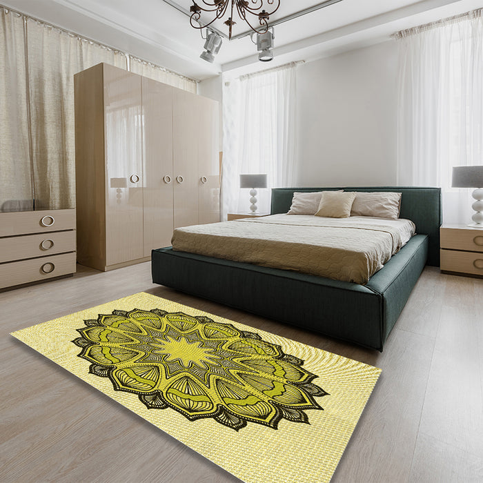 Patterned Neon Yellow Rug in a Bedroom, pat1903yw