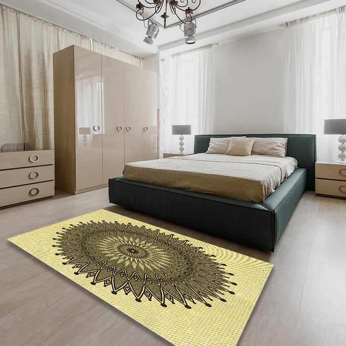 Round Machine Washable Transitional Mustard Yellow Rug in a Office, wshpat1905yw