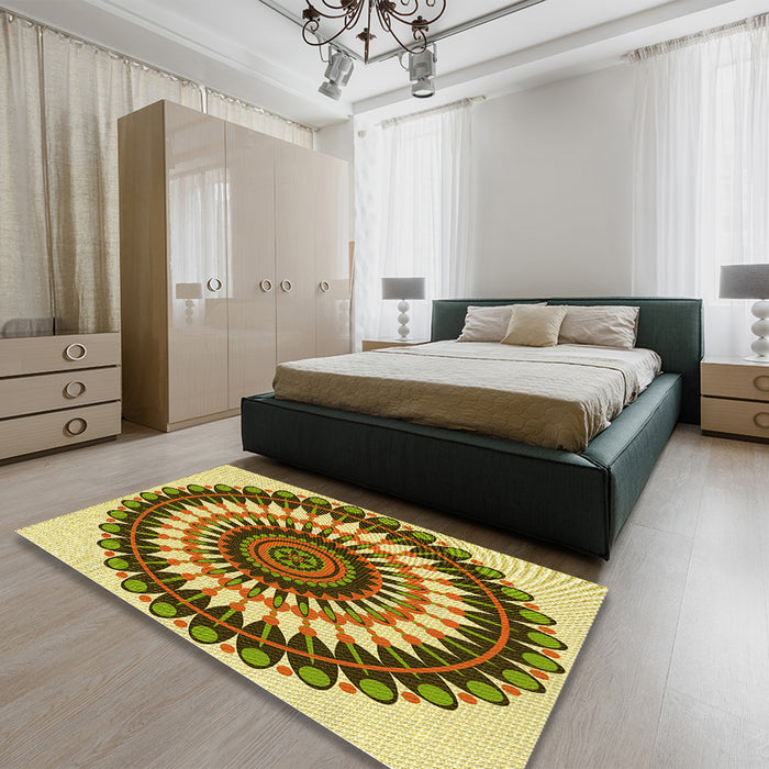 Patterned Dark Bronze Brown Rug in a Bedroom, pat1910yw
