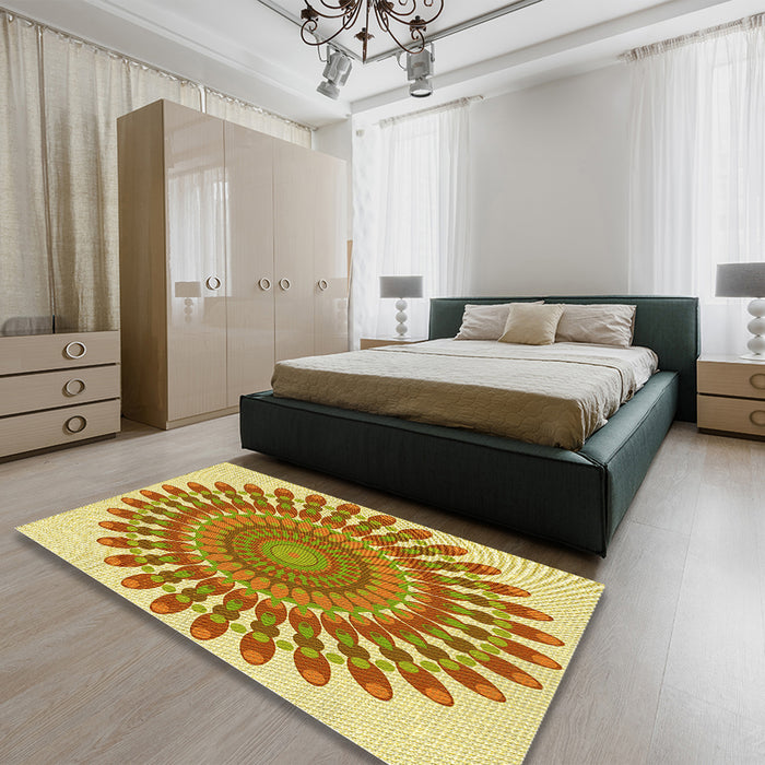 Patterned Chrome Gold Yellow Rug in a Bedroom, pat1911yw