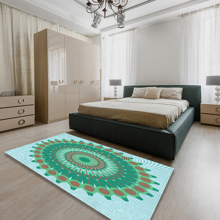 Patterned Dull-Sea Green Rug in a Bedroom, pat1912lblu