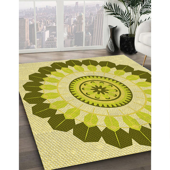 Patterned Dark Yellow Green Rug in Family Room, pat1913yw