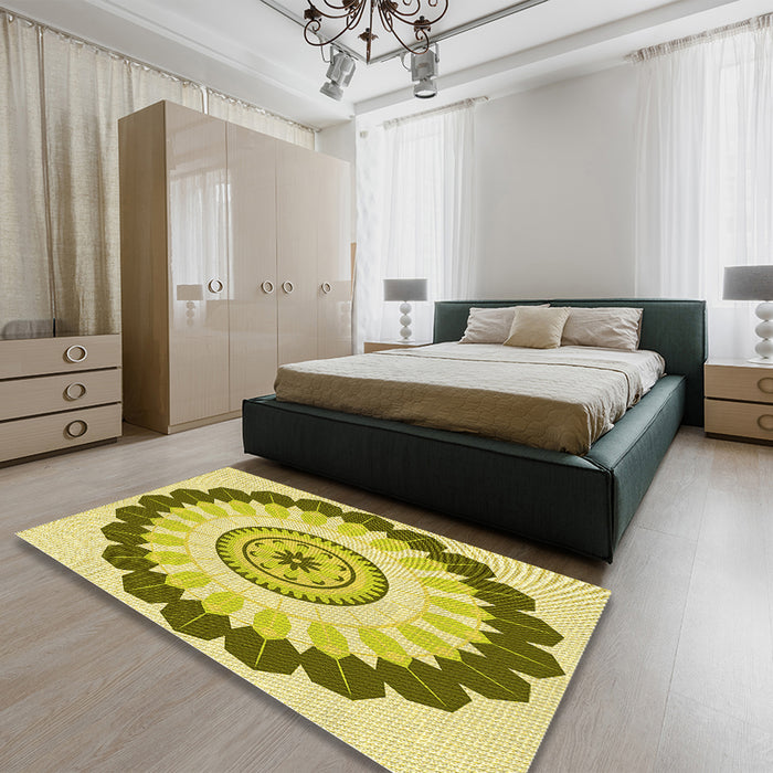Patterned Dark Yellow Green Rug in a Bedroom, pat1913yw