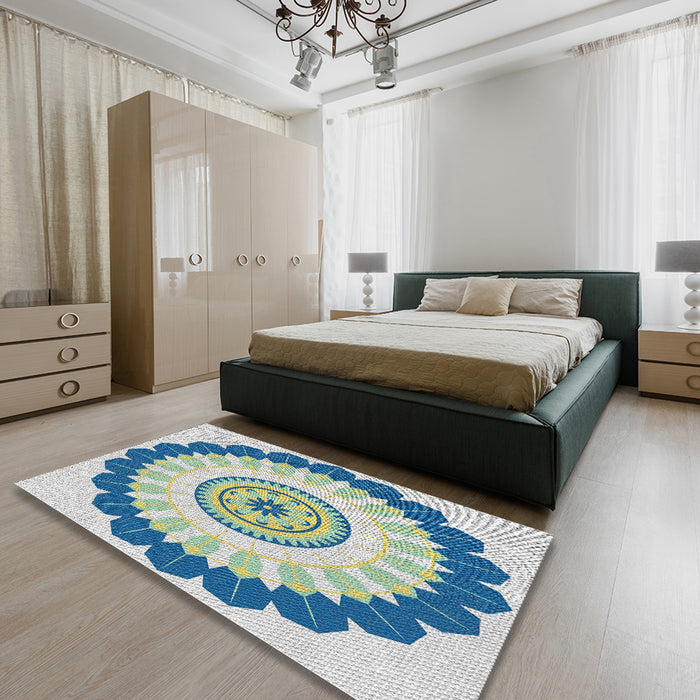 Machine Washable Transitional Steel Blue Rug in a Bedroom, wshpat1913