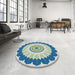 Round Machine Washable Transitional Steel Blue Rug in a Office, wshpat1913