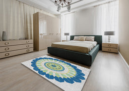 Patterned Steel Blue Novelty Rug in a Bedroom, pat1913