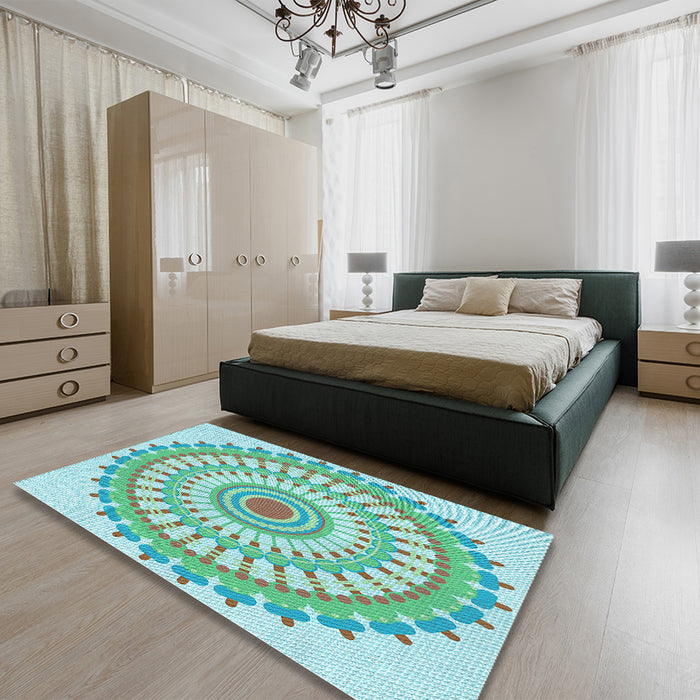 Round Machine Washable Transitional Seafoam Green Rug in a Office, wshpat1915lblu