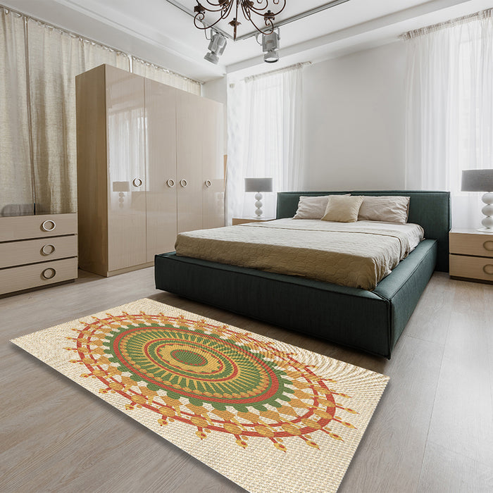 Patterned Brown Gold Rug in a Bedroom, pat1917brn