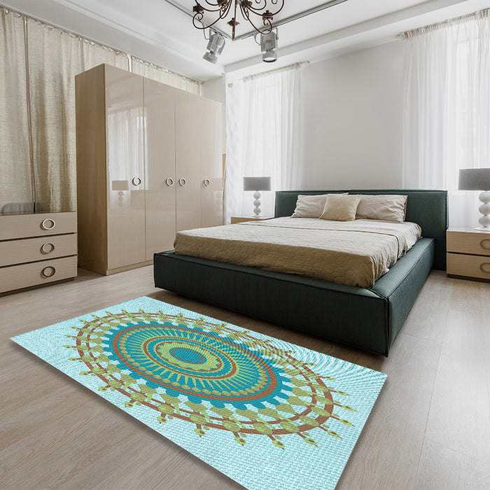 Patterned Green Rug in a Bedroom, pat1917lblu