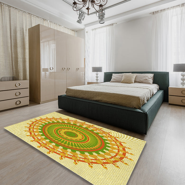 Patterned Dark Golden Brown Rug in a Bedroom, pat1917yw