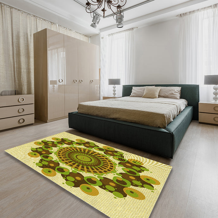 Round Machine Washable Transitional Dark Yellow Green Rug in a Office, wshpat1918yw