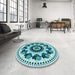 Round Patterned Dark Cyan Green Rug in a Office, pat1919lblu