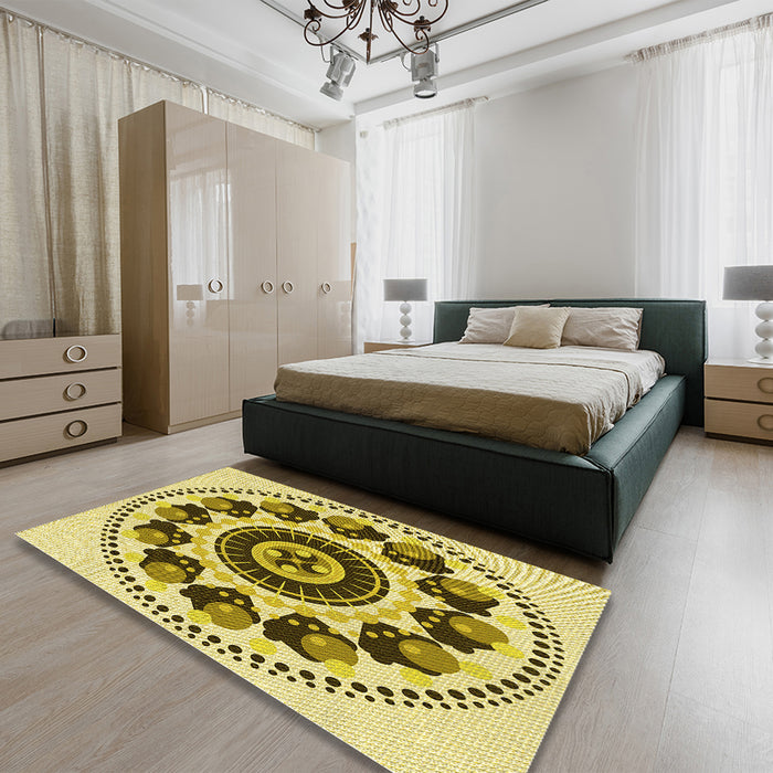 Round Machine Washable Transitional Mustard Yellow Rug in a Office, wshpat1919yw