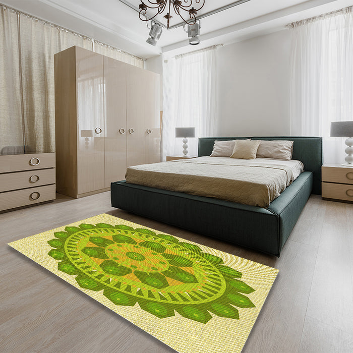 Round Machine Washable Transitional Dark Yellow Green Rug in a Office, wshpat1920yw