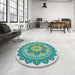 Round Machine Washable Transitional Sea Green Rug in a Office, wshpat1920